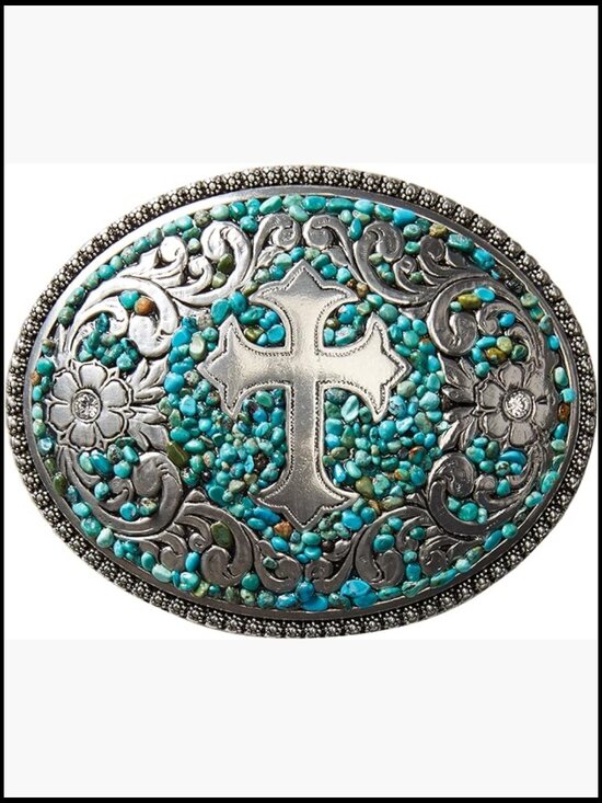 Vintage Oval Belt Buckle with Silver Cross Motif and Turquoise Stones